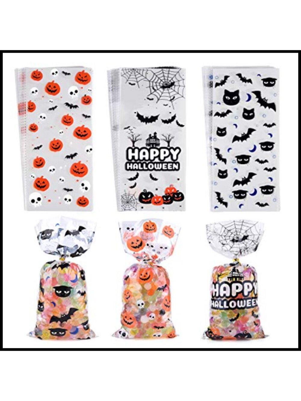 100 PCS Halloween Cellophane Treat Bags with Twist Ties Candy Cookie Snack